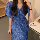 Floral Short-sleeve V-neck Tie-waist Midi A-line Dress Blue - One Size