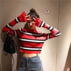 Long-sleeve Colored Block Knit Top Red - One Size