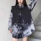 Long Sleeve Tie-dye Shirt / Button-up Cropped Vest