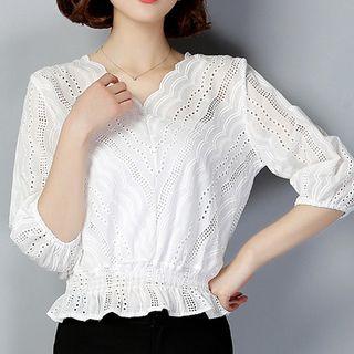 Scallop Trim 3/4-sleeve Blouse