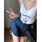 Print Crop Camisole Top / Shirt / Plaid Mini A-line Skirt
