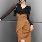 V-neck Mesh Panel Asymmetrical Dress