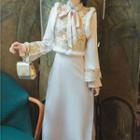 Set: Jacquard Frog-button Vest + Long-sleeve Slit Midi Sheath Dress
