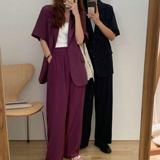 Elbow-sleeve One-button Blazer / Wide Leg Dress Pants