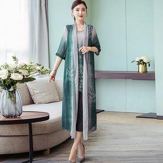 Mock Two-piece 3/4-sleeve Printed Midi Dress