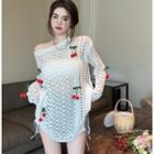 Long-sleeve Perforated Cherry Loose-fit Knit Top White - One Size
