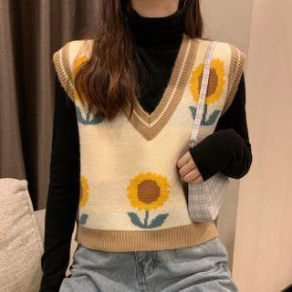 Floral Print Sweater Vest / Long-sleeve Mock-neck Top