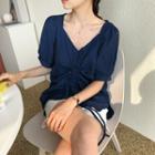 Drawstring V-neck Short-sleeve Blouse