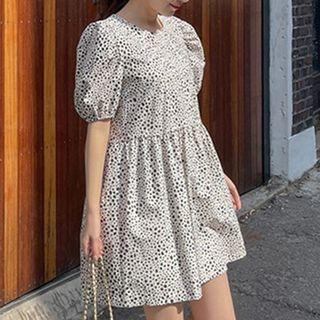 Short-sleeve Leopard Print Mini A-line Dress White - One Size