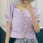 Puff-sleeve Shirred Cropped Blouse Purple - One Size