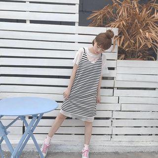 Set : Stripe Spaghetti Strap Dress + Short-sleeve T-shirt Dress