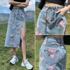 Floral Denim A-line Midi Skirt