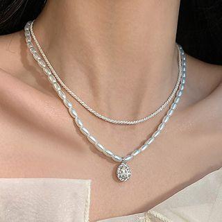 Rhinestone Pendant Faux Pearl Layered Alloy Necklace (various Designs)