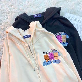 Long-sleeve Bear Print Zip-up Hoodie