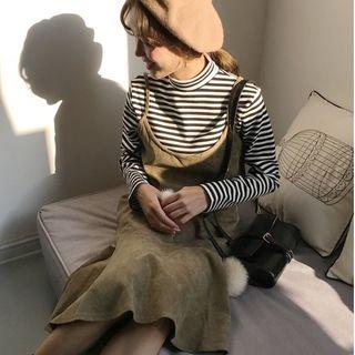 Striped Turtle-neck Long-sleeve T-shirt / Plain Slipdress