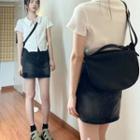 Short-sleeve Zip Polo-collar Top / High-waist Denim Mini A-line Skirt