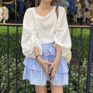 Wide Puff-sleeve Top / Plaid Skirt