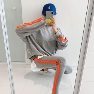 Set: Neon-trim Layered-hem Pullover + Leggings Pants
