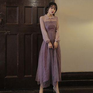 Long-sleeve Mock Two-piece Midi A-line Dress
