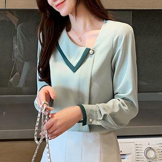 Long-sleeve Color-trim Chiffon Top