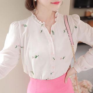 Frill-neck Flower-embroidered Blouse