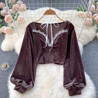 V-neck Lace Trim Puff-sleeve Velvet Top