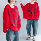 Smiley Face Print Sweatshirt Red - One Size