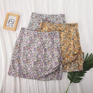 Floral Print Shirred-front Mini A-line Skirt