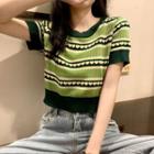 Short-sleeve Heart Print Ribbed Knit Top Green - One Size