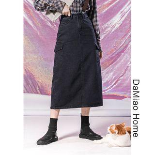 Denim Cargo Midi Skirt