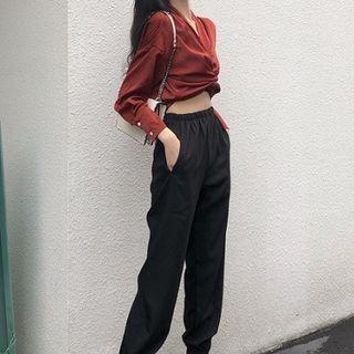 Long-sleeve Tie-back Top / Cropped Baggy Pants