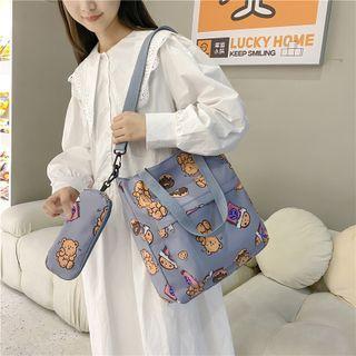 Set: Bear Print Canvas Tote Bag + Zip Pouch
