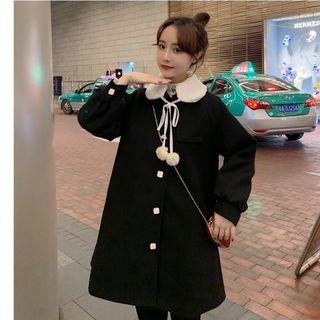 Furry Collar Button Coat Black - One Size
