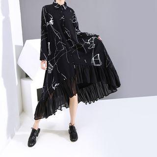 Printed Dip-back A-line Shirtdress Black - One Size