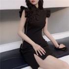 Short-sleeve Qipao Dress Black - One Size