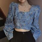 Floral Print Cropped Denim Blouse Blue - One Size