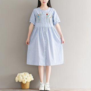 Short Sleeve Embroidered Buttoned Stripe Midi Dress