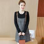 Set: Crew-neck Long-sleeve T-shirt + Plaid Pinafore Dress