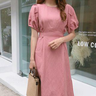 Puff-sleeve Tie-back A-line Dress