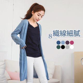 Shadow-stripe Open Front Long Cardigan