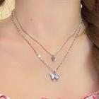 Butterfly Pendant Layered Necklace Double Layer Butterfly Necklace - Silver - One Size