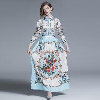 Collared Printed Long-sleeve Maxi A-line Dress