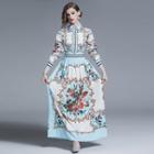 Collared Printed Long-sleeve Maxi A-line Dress