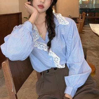 Lace Trim Blouse Stripe - Blue & White - One Size