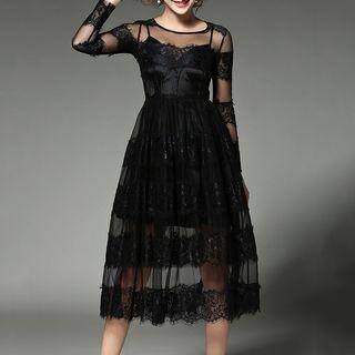 Set: Lace Panel Long-sleeve Dress + Strap Dress