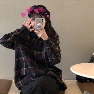 Long-sleeve Woolen Plaid Shirt Plaid - One Size