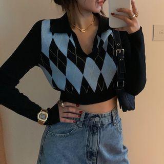 Collared Argyle Crop Knit Top