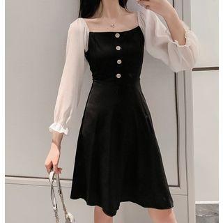 Chiffon-sleeve Buttoned A-line Dress