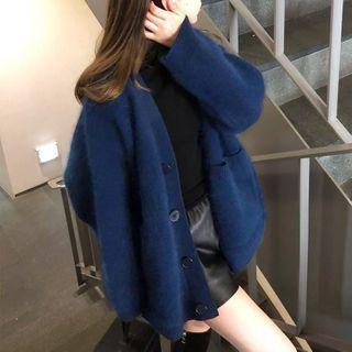 Plain Loose-fit Cardigan Blue Top - 3xl
