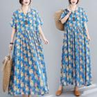 Printed Short-sleeve Maxi A-line Dress Flower - Blue - One Size
